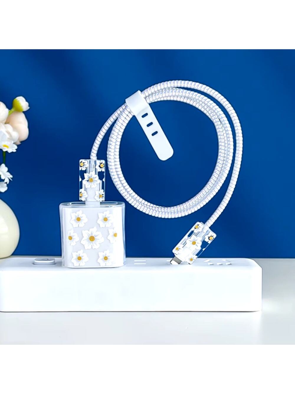 White Flower iPhone Charger Cable Protectors P81